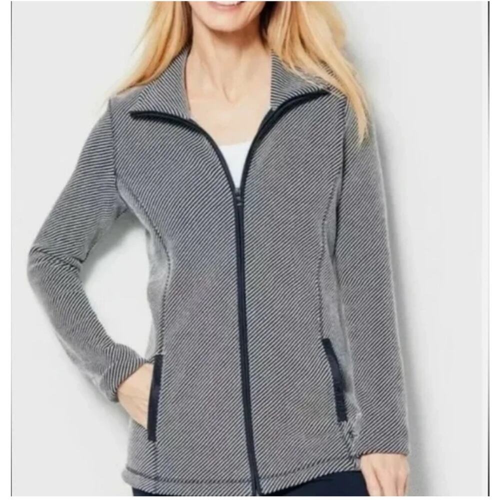 T by Talbots Womens Full Zip Textured Jacket LP Navy Blue Athleisure Gym Classic